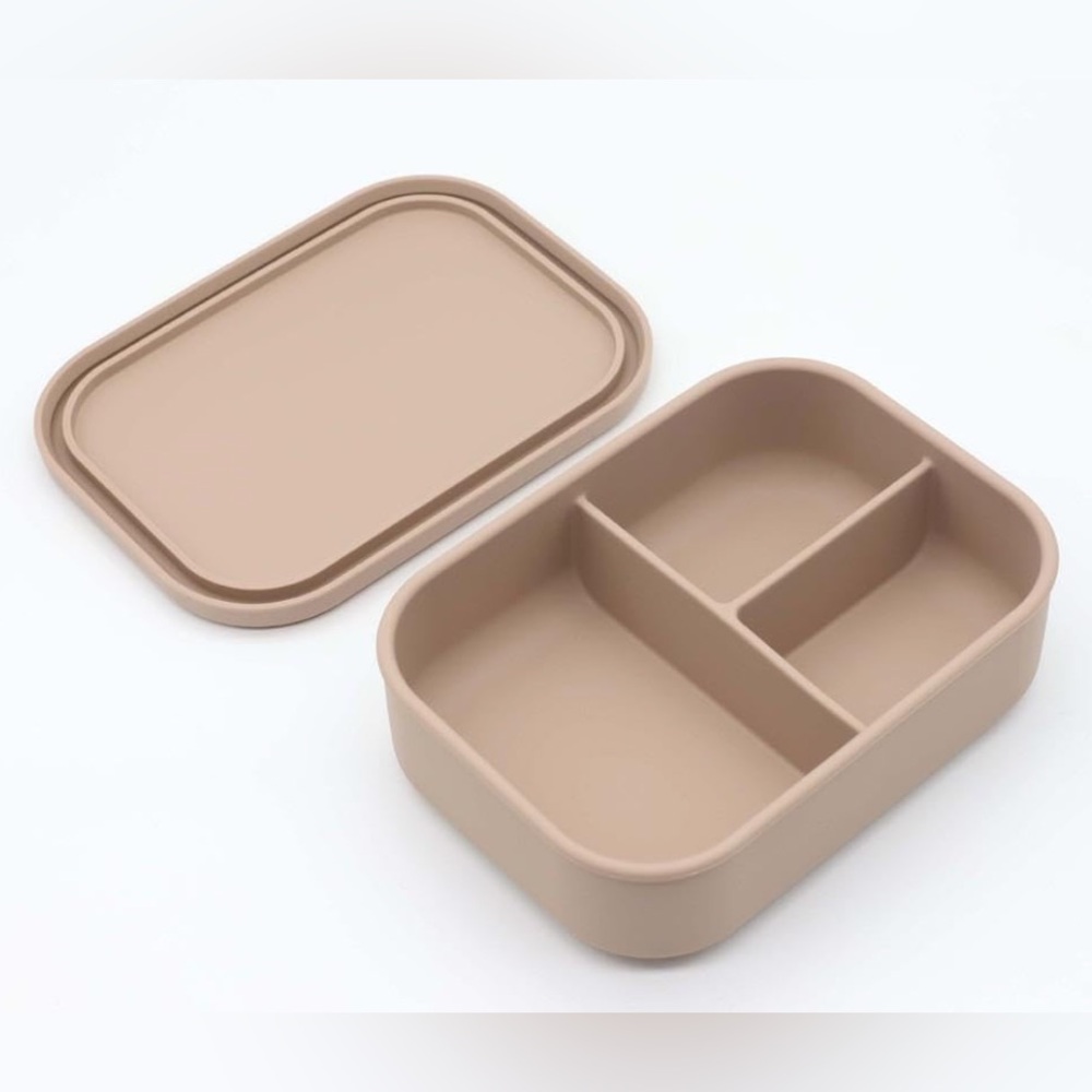 100% Food Grade Silicone Bento Box with 3 compartments and small fork & spoon